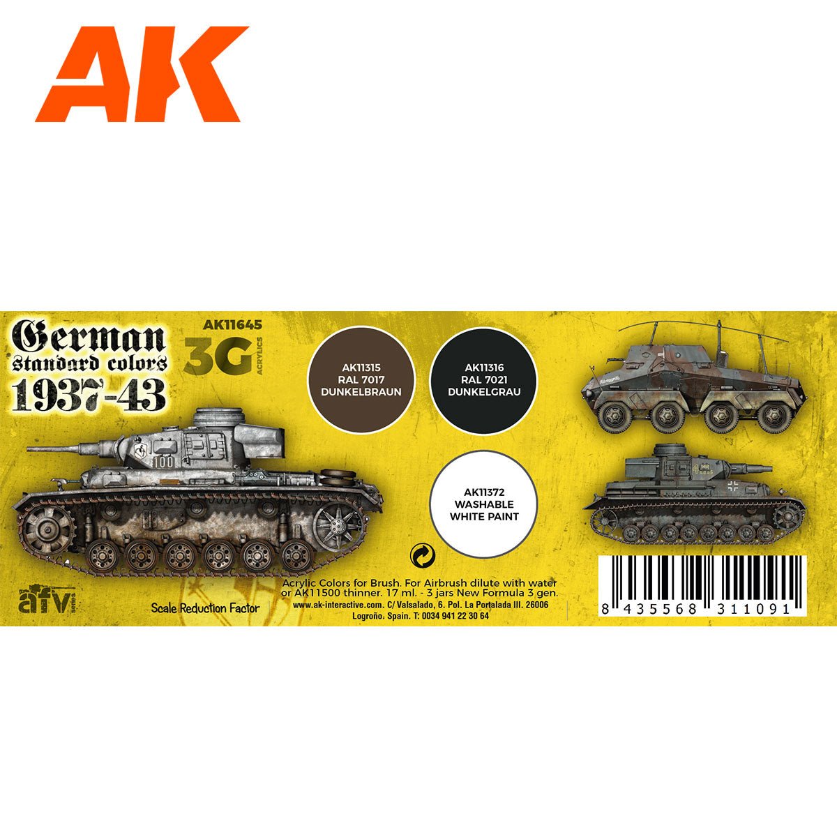 AK Interactive 3rd Gen AFV Paint Set - German Standard Colors 1937-44 AK11645 - Loaded Dice