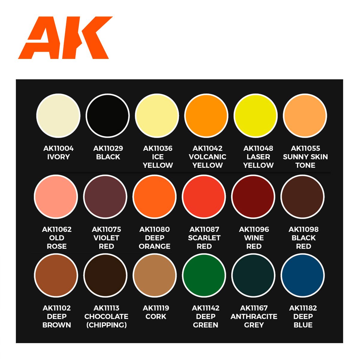 AK Interactive Josedavinci Signature Set colour chart from Ivory and Black to Deep Blue