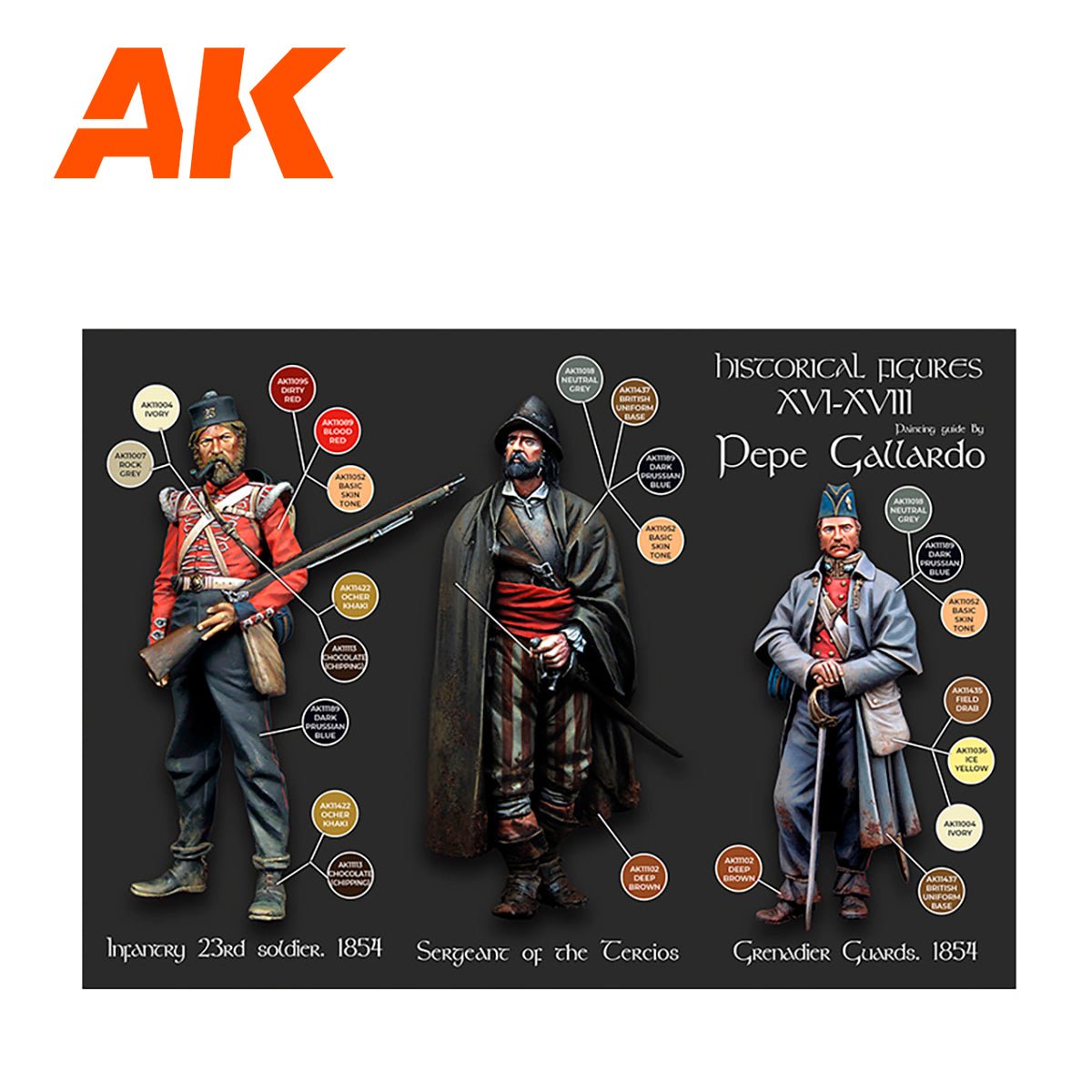 Painted 23rd infantry soldier, Tercios sergeant and Grenadier Guard with AK colour callouts