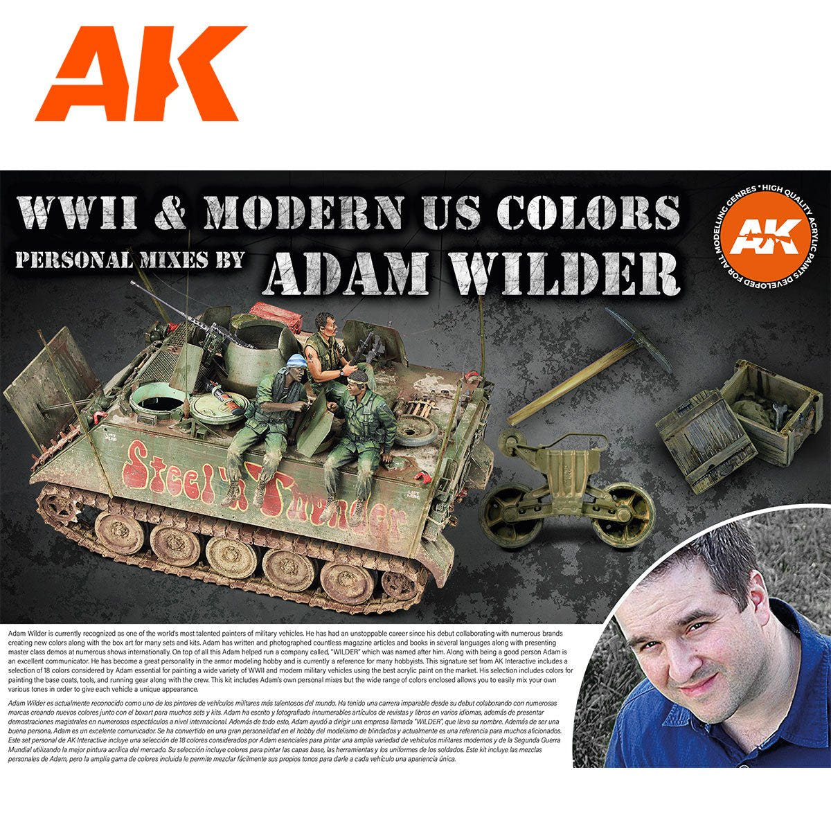 Adam Wilder WWII and Modern US Colors banner with painted US armoured vehicle diorama