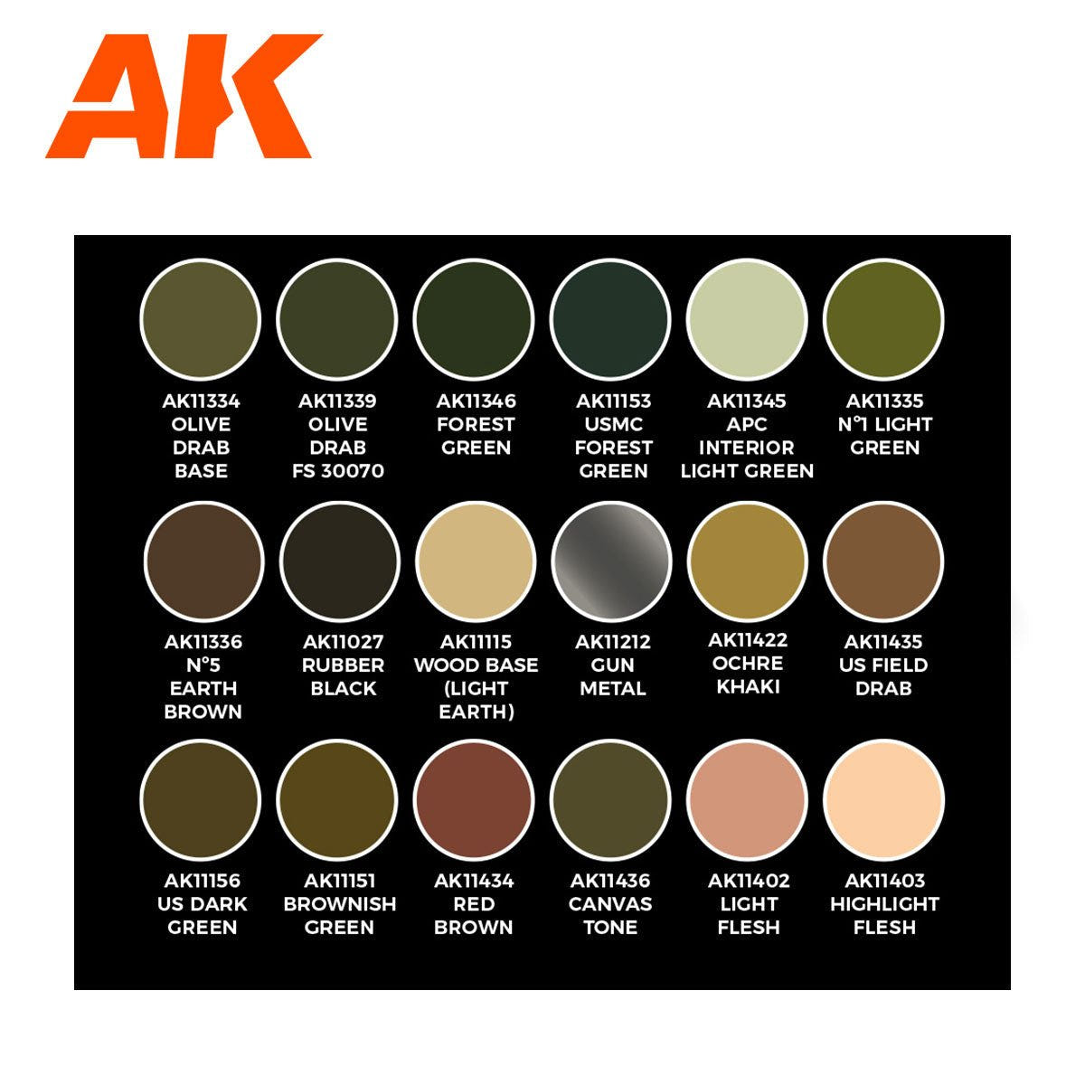 AK Interactive US Colors set swatch chart: olive drabs, greens, browns, khakis and flesh tones