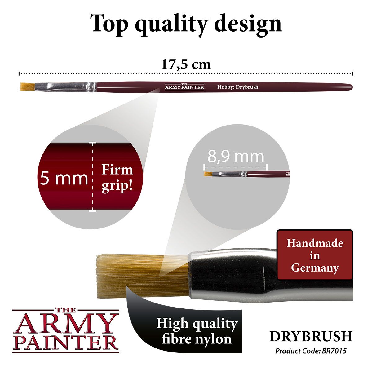 Army Painter Hobby Drybrush dimensions, 17.5cm long with a 5mm head