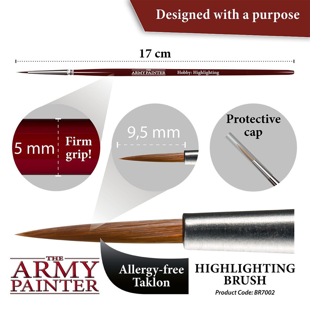 Army Painter Highlighting Brush measurements: 17cm length, 9.5mm tip and protective cap