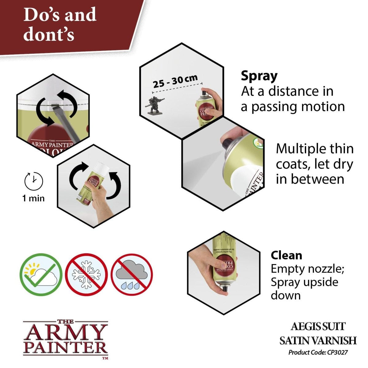 Army Painter Satin Varnish spraying instructions: distance, thin coats and cleaning the nozzle