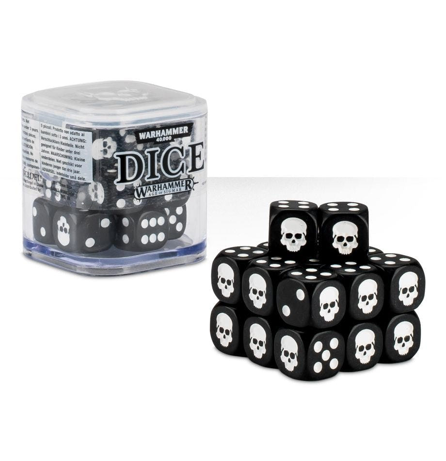 Citadel Dice Cube in black with twenty 12mm black dice with white skull and pips