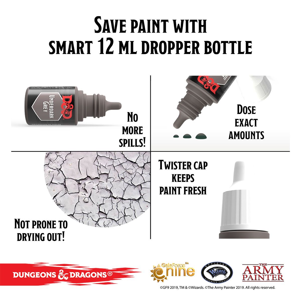 Army Painter D&D paint feature panel: 12ml dropper bottle, exact dosing and twister cap
