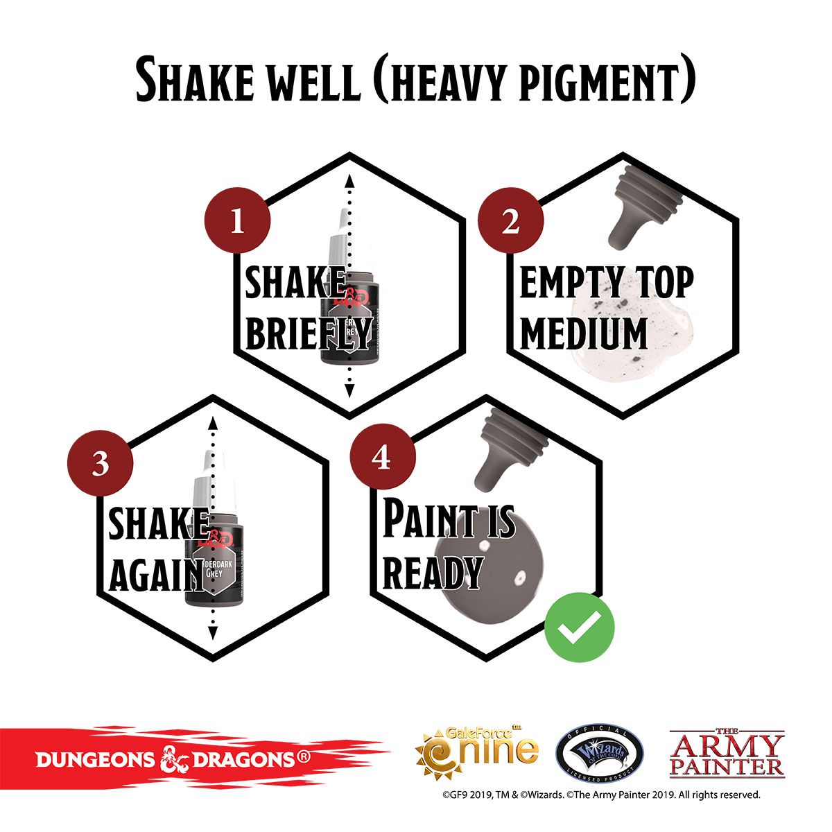 Four-step guide to shaking the heavy-pigment D&D Nolzur's Marvelous Pigments dropper bottles