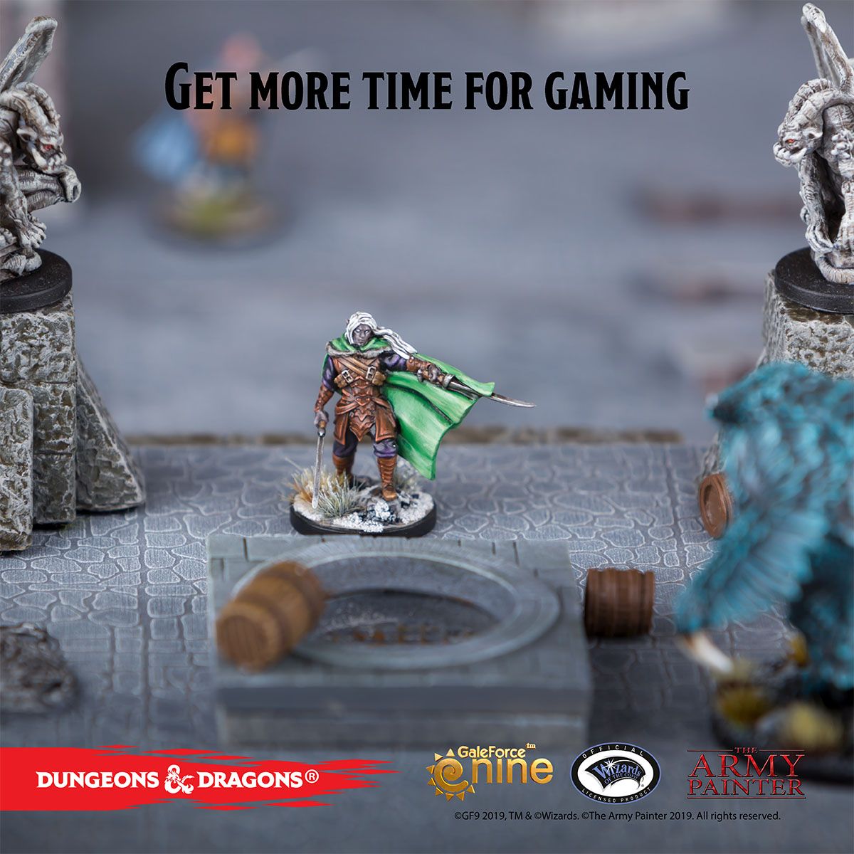 Painted Drizzt miniature on dungeon terrain, D&D Nolzur's Marvelous Pigments lifestyle shot