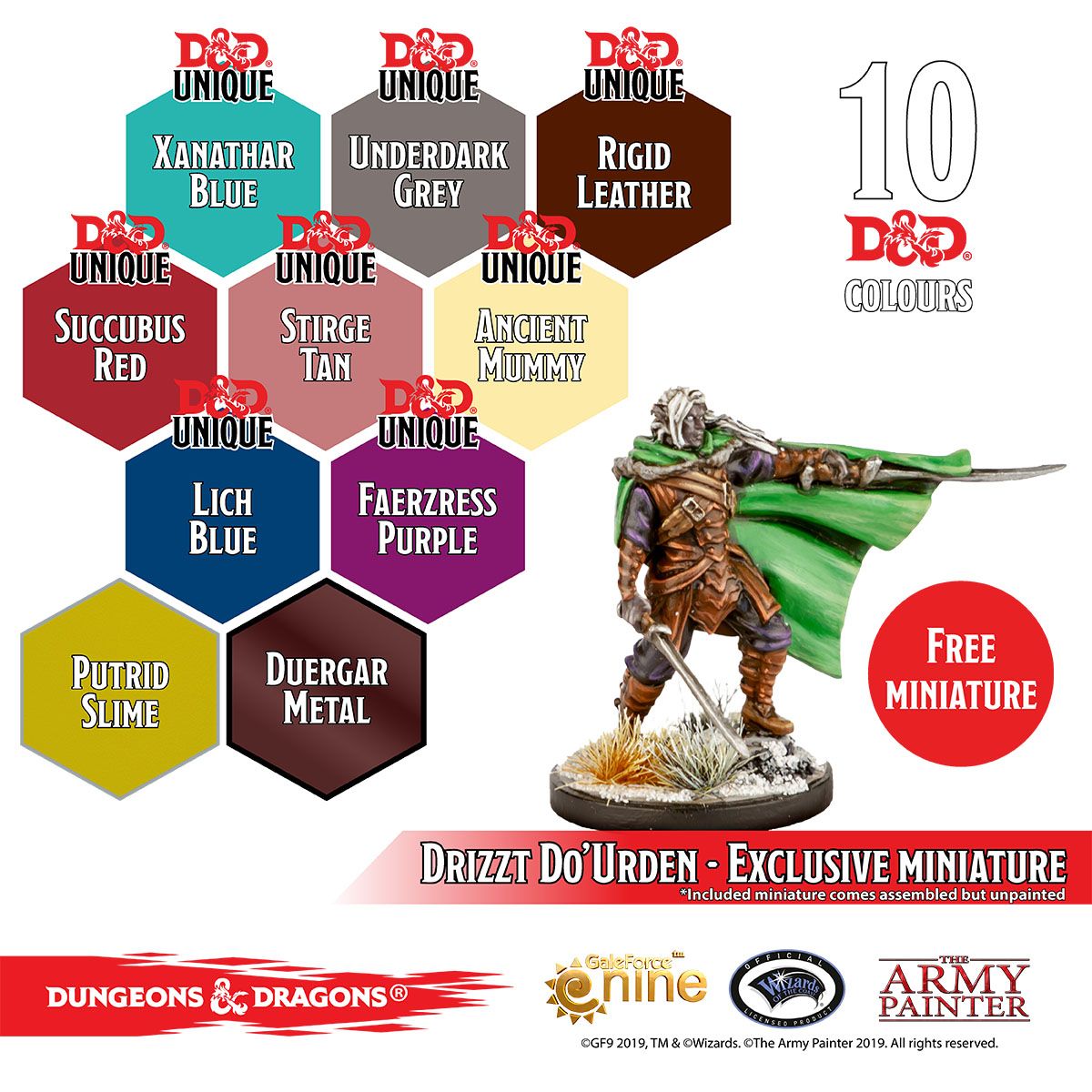 Ten D&D Underdark paint colour swatches and the included Drizzt Do'Urden miniature, painted