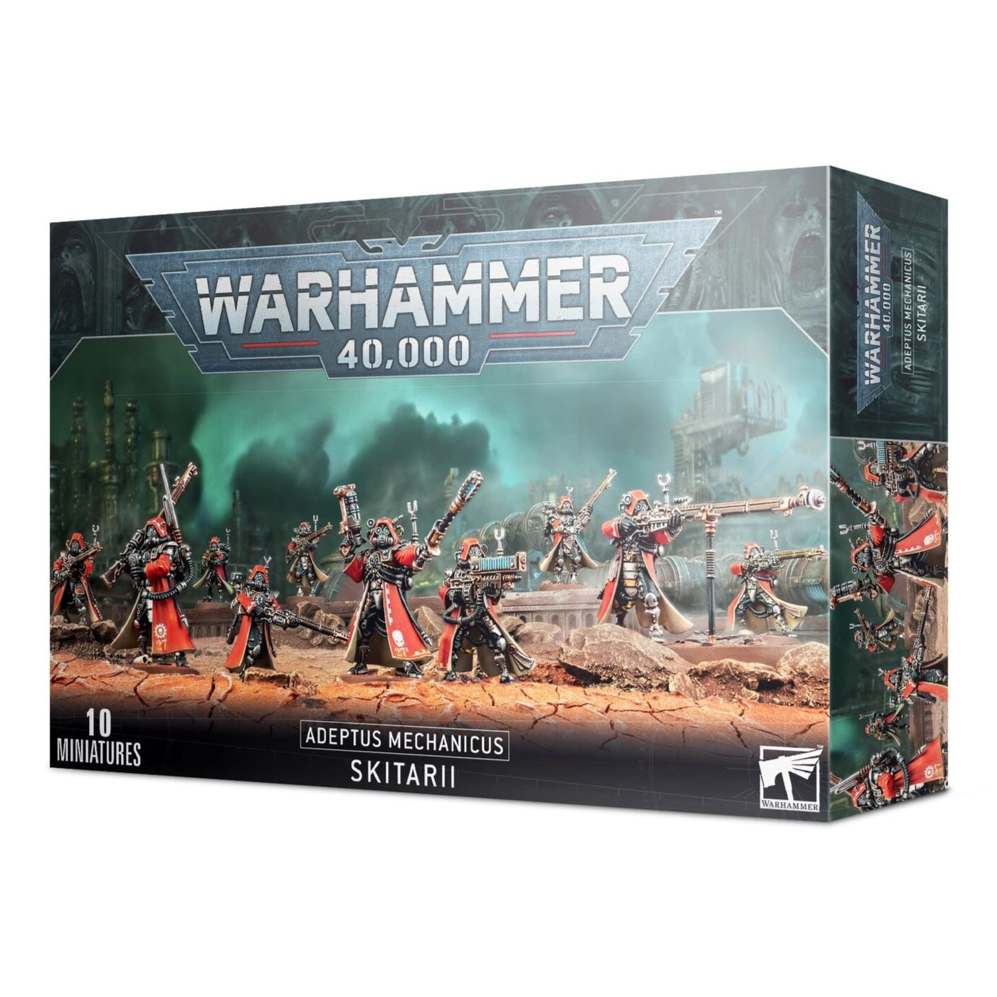 Warhammer 40,000 Adeptus Mechanicus Skitarii box front showing 10 miniatures, Games Workshop
