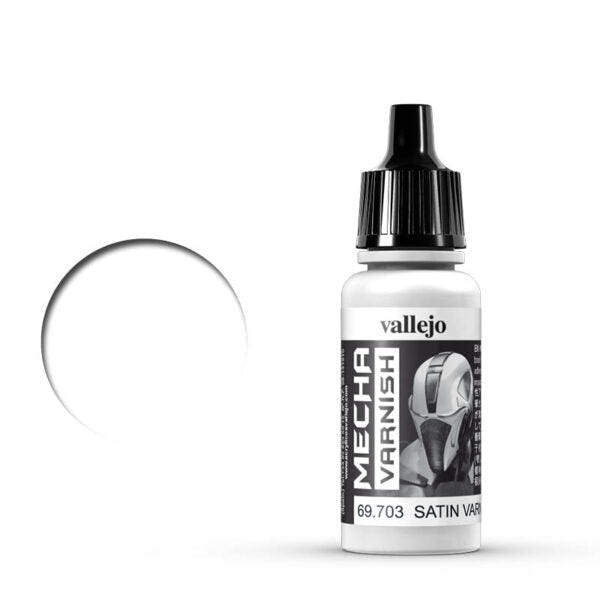 Vallejo Mecha Color Mecha Satin Varnish 69.703 dropper bottle beside a clear satin varnish swatch
